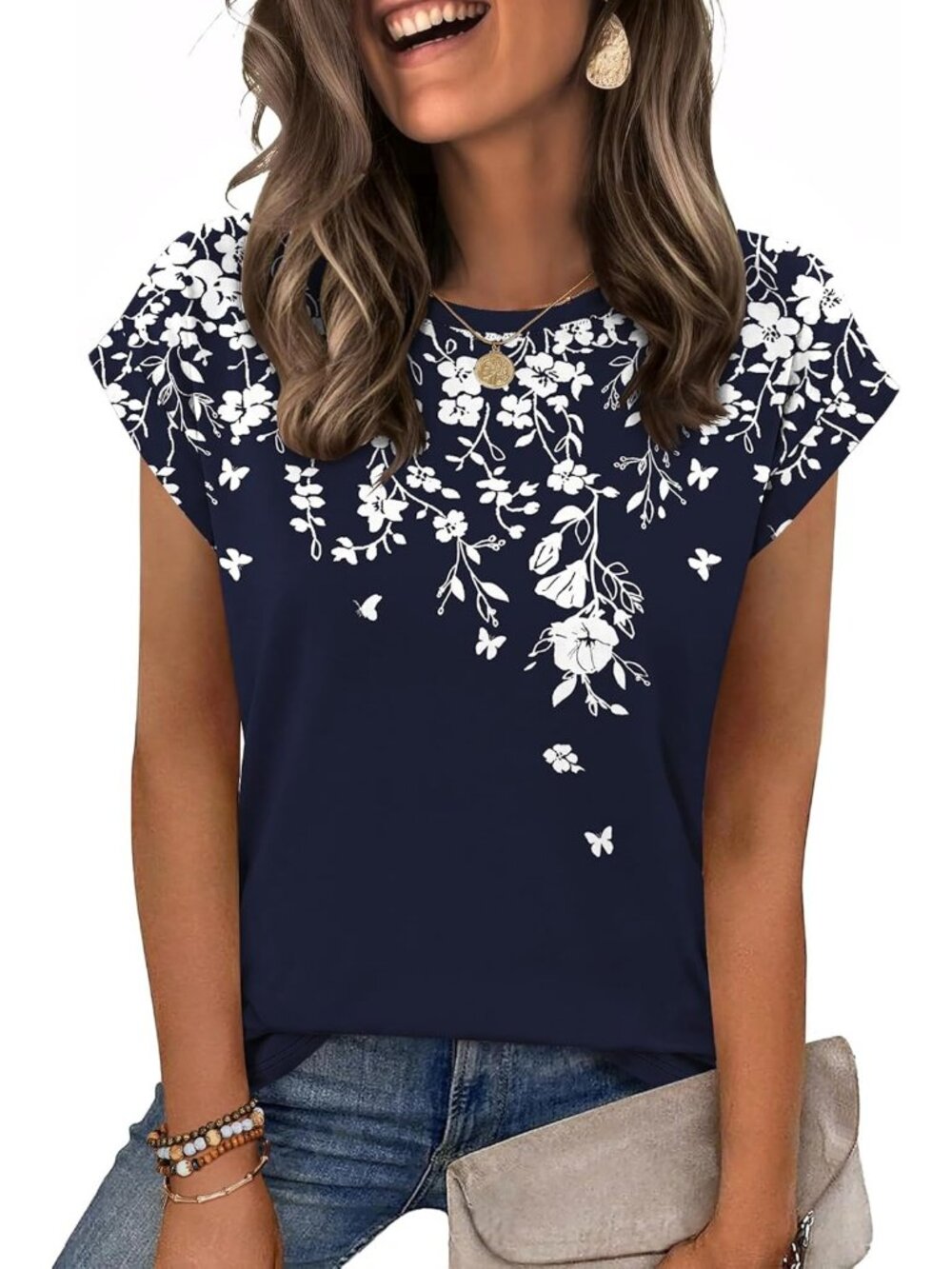 Women's Navy Floral Casual Crew Neck Cap Sleeves Trendy Spring Fashion T Shirts